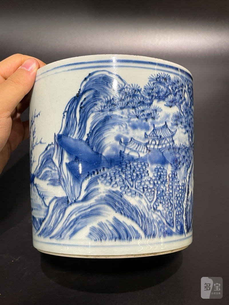 清康熙 青花山水松阁图笔筒 - 图12